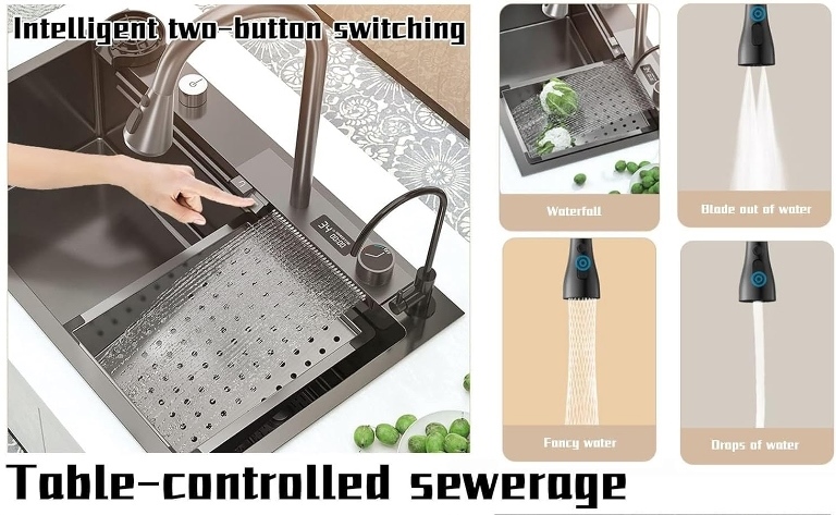 سینک آبشاری HuaDiao با نمایشگر دیجیتال و طراحی پیانویی در آشپزخانه مدرن