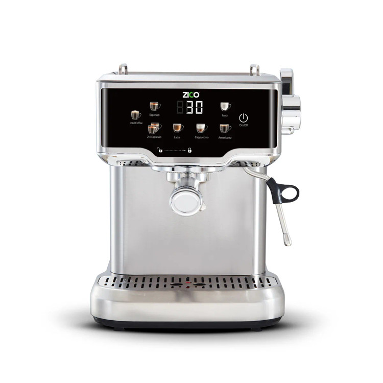 اسپرسو ساز تمام استیل براق مدل ZC-6067 زیکو روی کانتر آشپزخانه مدرن.