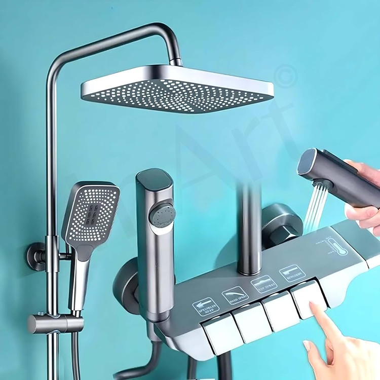 نصب ست دوش پیانویی در حمام مدرن با کاشی تیره