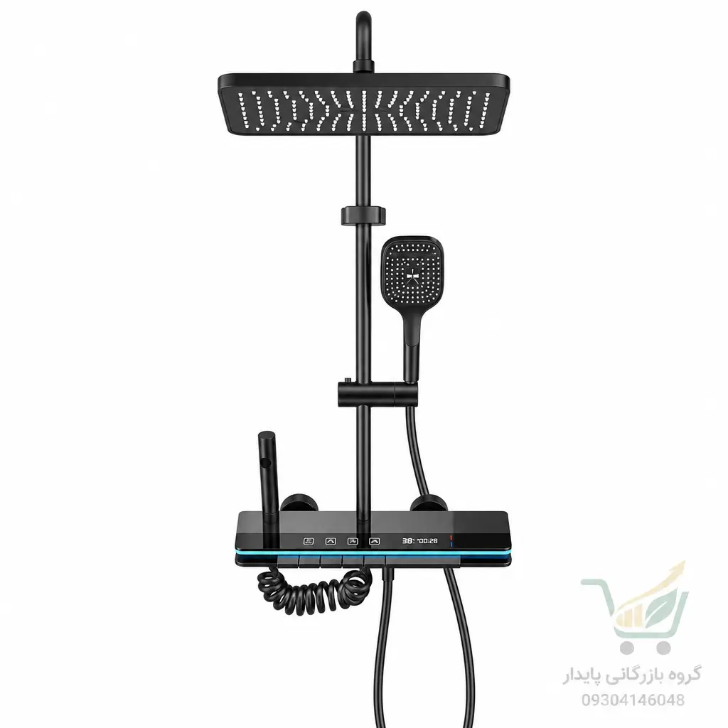 دوش حمام دیجیتال پیانویی برند  Hyshin مدل HS‑2222 با نمایشگر دما و نور LED  رنگ دودی