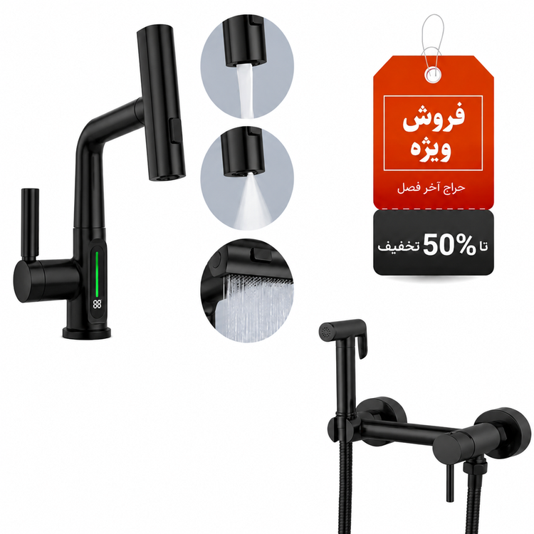 نمای نزدیک نمایشگر دمای آب شیر ظرفشویی دیجیتال